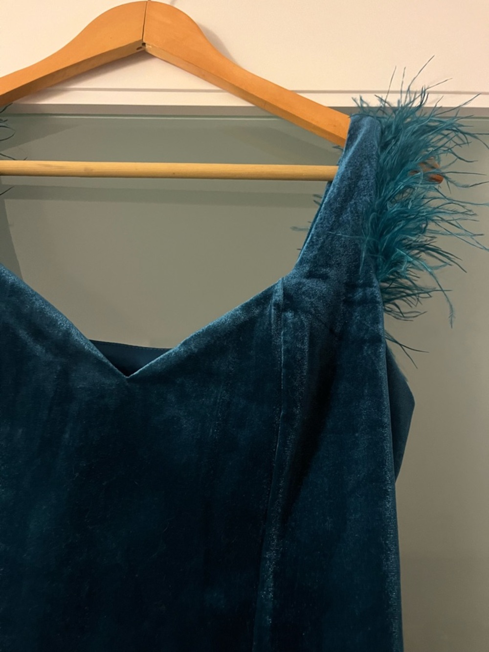 Lulu's Teal Velvet Feather-Trim Bodysuit - Picture 5 of 6